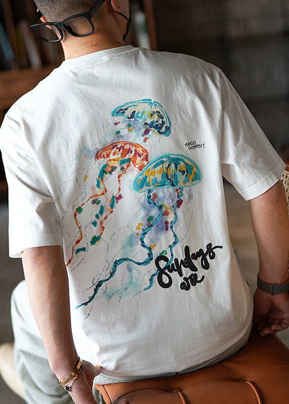 American Style White Embroideried Cotton Men Graphic T Shirts Summer
