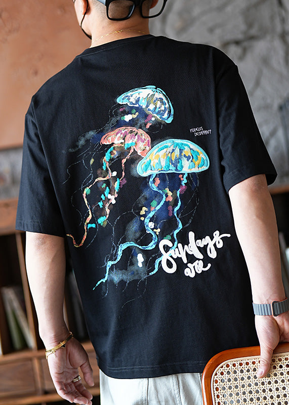 American Style White Embroideried Cotton Men Graphic T Shirts Summer
