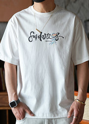 American Style White Embroideried Cotton Men Graphic T Shirts Summer