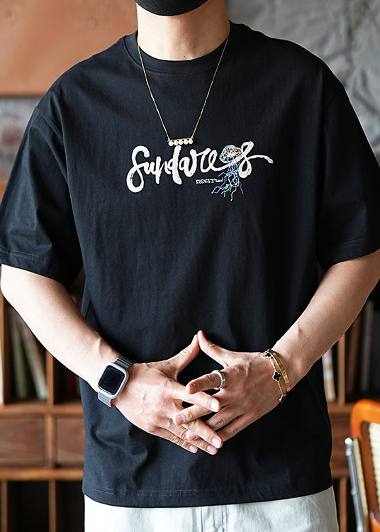 American Style White Embroideried Cotton Men Graphic T Shirts Summer