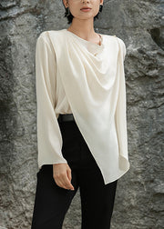 Apricot Asymmetrical Wrinkled Solid Cotton Shirts O-Neck