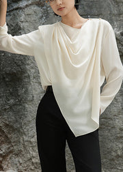 Apricot Asymmetrical Wrinkled Solid Cotton Shirts O-Neck