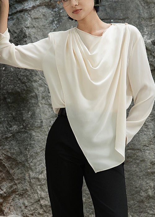 Apricot Asymmetrical Wrinkled Solid Cotton Shirts O-Neck