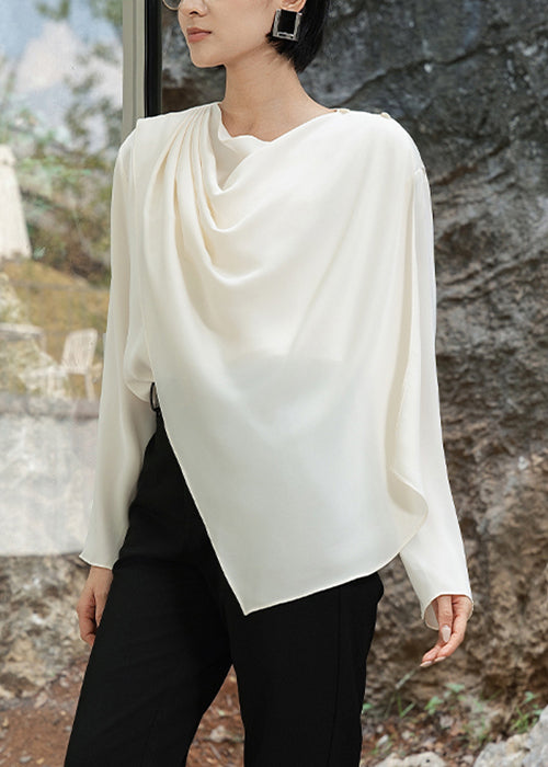 Apricot Asymmetrical Wrinkled Solid Cotton Shirts O-Neck