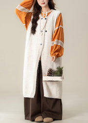 Apricot Button Cotton Knit Long Sweaters Dress ,Top And Wide Leg Pants Three-Piece Set Fall