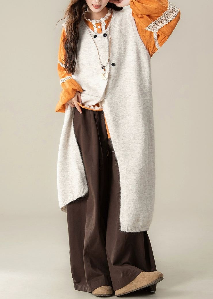 Apricot Button Cotton Knit Long Sweaters Dress ,Top And Wide Leg Pants Three-Piece Set Fall