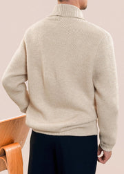 Apricot Button Cozy Cotton Knit Mens Coats Peter Pan Collar