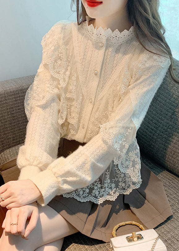 Apricot Button Original Design Patchwork Lace Shirt Stand Collar