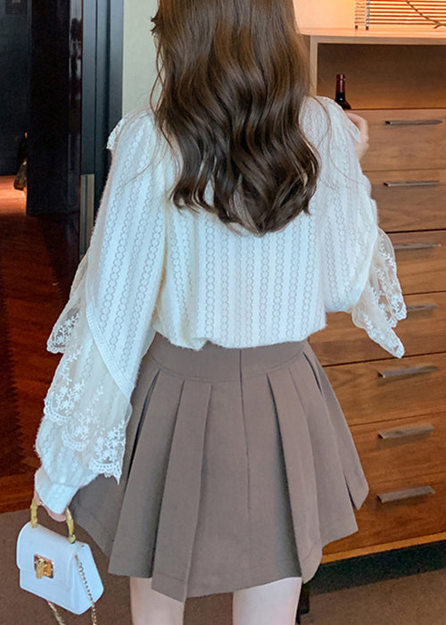 Apricot Button Original Design Patchwork Lace Shirt Stand Collar