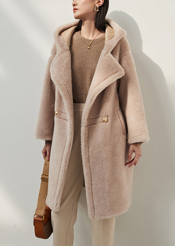 Apricot Button Pockets Woolen Winter Coat Hooded