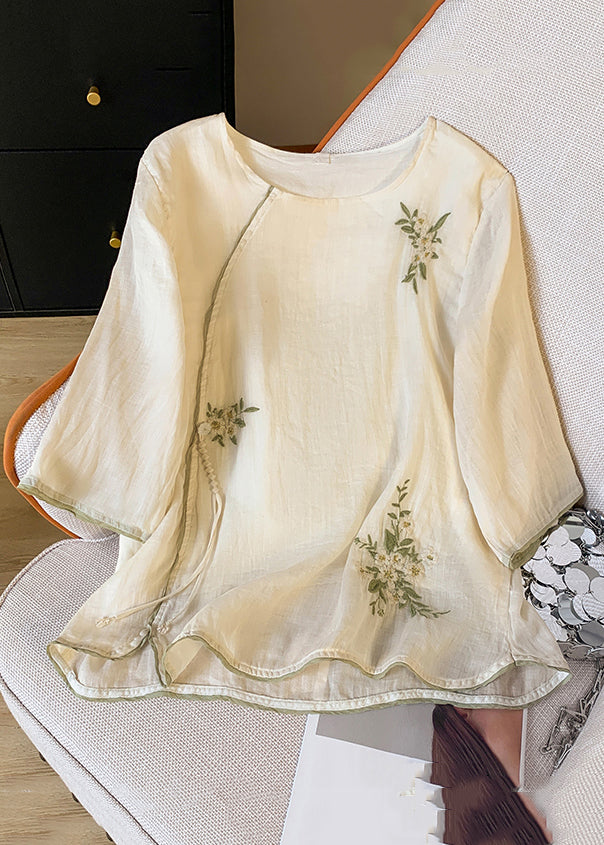 Apricot Button Tasseled Cotton Shirt Embroidered Spring