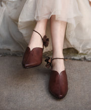 Apricot Cowhide Leather Sandals Splicing Floral Pointed Toe