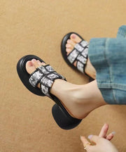 Apricot Cowhide Leather Splicing Chunky Heel Slide Sandals