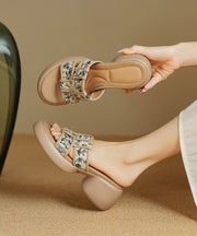 Apricot Cowhide Leather Splicing Chunky Heel Slide Sandals