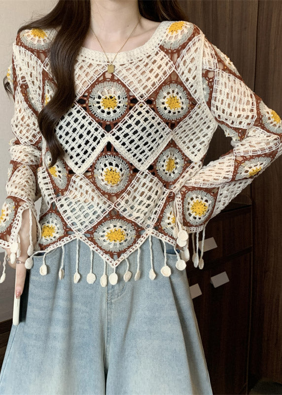 Apricot Hollow Out Knit T Shirt Fall