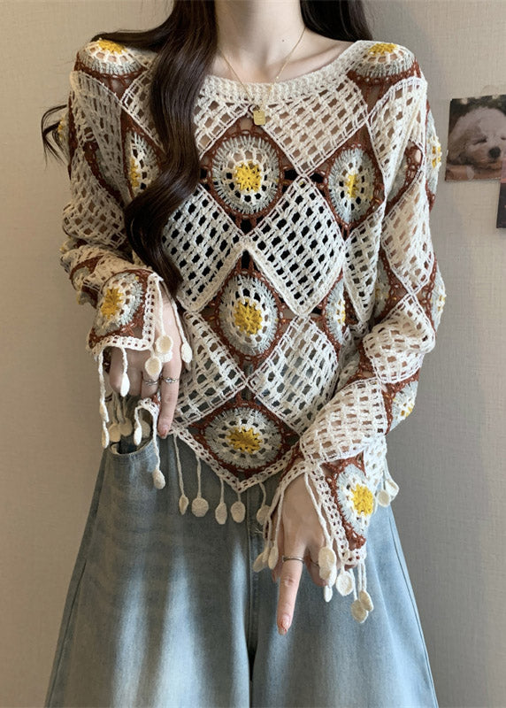 Apricot Hollow Out Knit T Shirt Fall