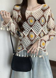 Apricot Hollow Out Knit T Shirt Fall