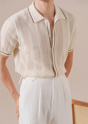 Apricot Hollow Out Patchwork Knit Polo Shirts Men Peter Pan Collar