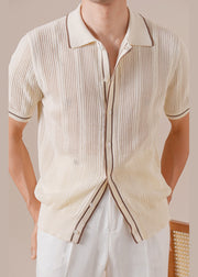 Apricot Hollow Out Patchwork Knit Polo Shirts Men Peter Pan Collar