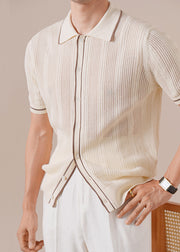 Apricot Hollow Out Patchwork Knit Polo Shirts Men Peter Pan Collar