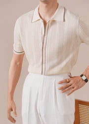 Apricot Hollow Out Patchwork Knit Polo Shirts Men Peter Pan Collar