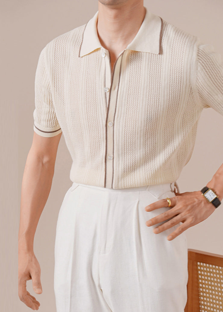 Apricot Hollow Out Patchwork Knit Polo Shirts Men Peter Pan Collar