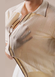 Apricot Hollow Out Patchwork Knit Polo Shirts Men Peter Pan Collar