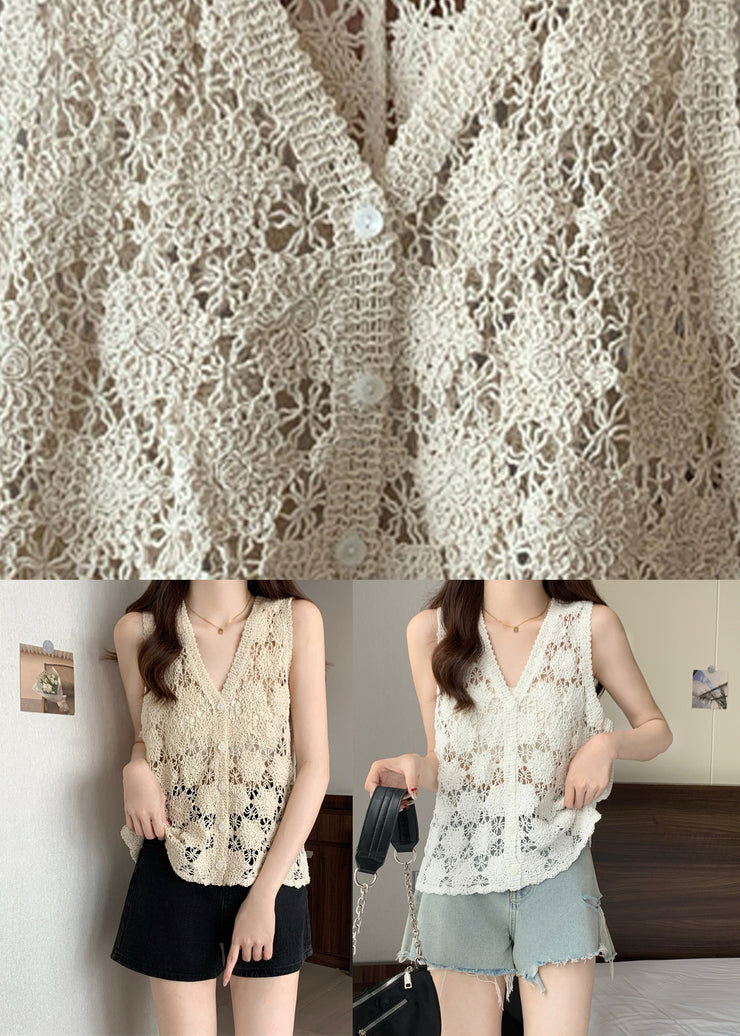 Apricot Hollow Out Solid Knit Vest Summer