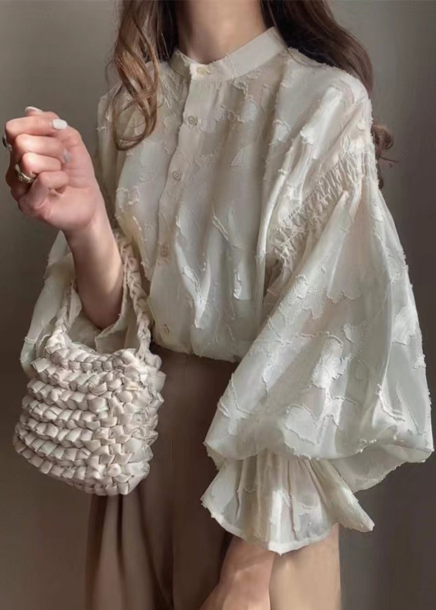 Apricot Jacquard Chiffon Sheer Shirt Lantern Sleeve