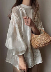 Apricot Jacquard Chiffon Sheer Shirt Lantern Sleeve