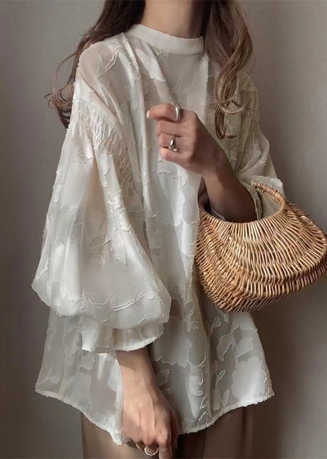 Apricot Jacquard Chiffon Sheer Shirt Lantern Sleeve