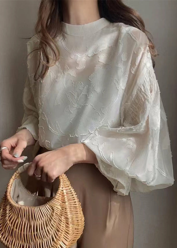 Apricot Jacquard Chiffon Sheer Shirt Lantern Sleeve