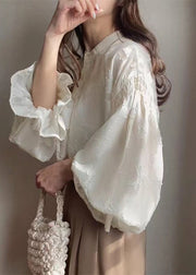 Apricot Jacquard Chiffon Sheer Shirt Lantern Sleeve