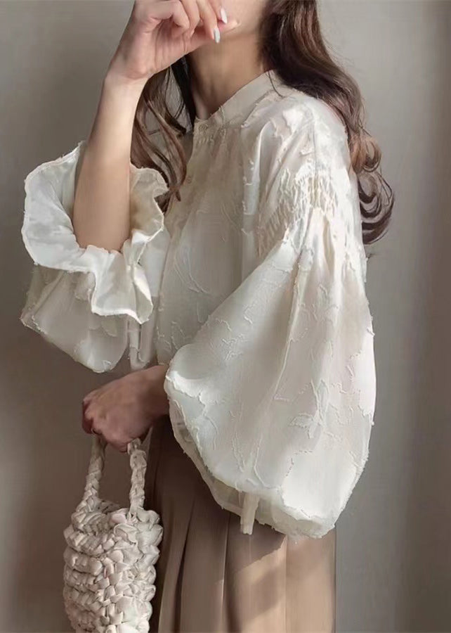 Apricot Jacquard Chiffon Sheer Shirt Lantern Sleeve
