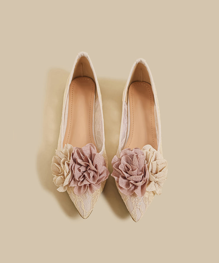 Apricot Lace Floral Flat Feet Shoes Splicing Pointed Toe