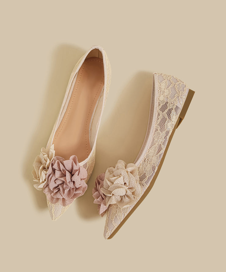 Apricot Lace Floral Flat Feet Shoes Splicing Pointed Toe