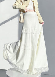 Apricot Lace Patchwork Solid Knit Skirt Elastic Waist