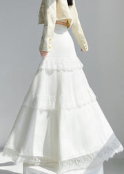 Apricot Lace Patchwork Solid Knit Skirt Elastic Waist