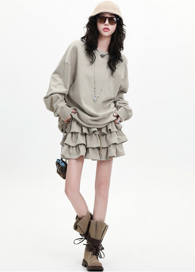 Apricot Loose Cotton Two Pieces Set Layered Ruffled Spring