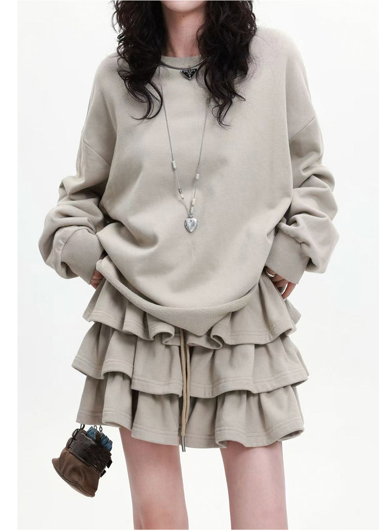 Apricot Loose Cotton Two Pieces Set Layered Ruffled Spring