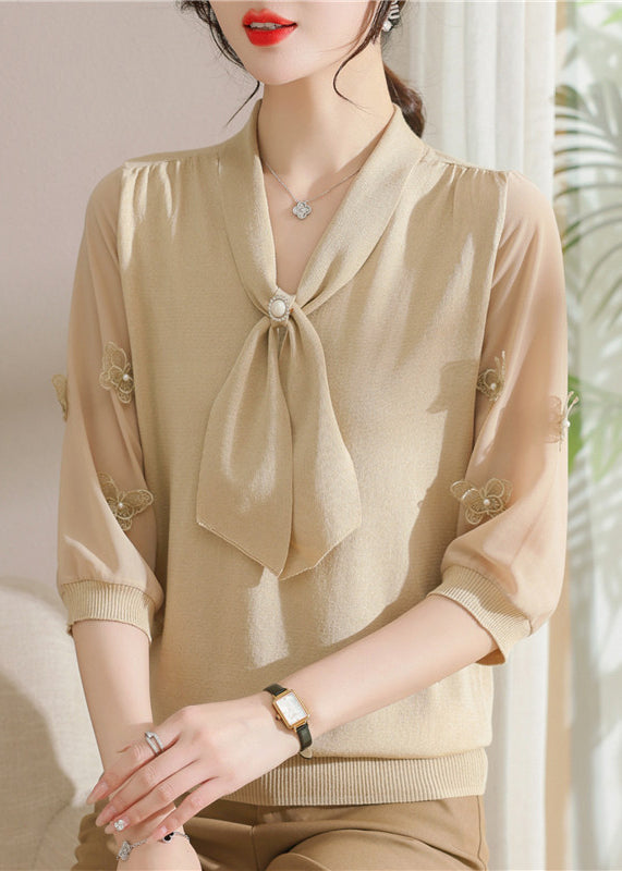 Apricot Nail Bead Cozy Patchwork Knit T Shirts V Neck