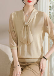 Apricot Nail Bead Cozy Patchwork Knit T Shirts V Neck