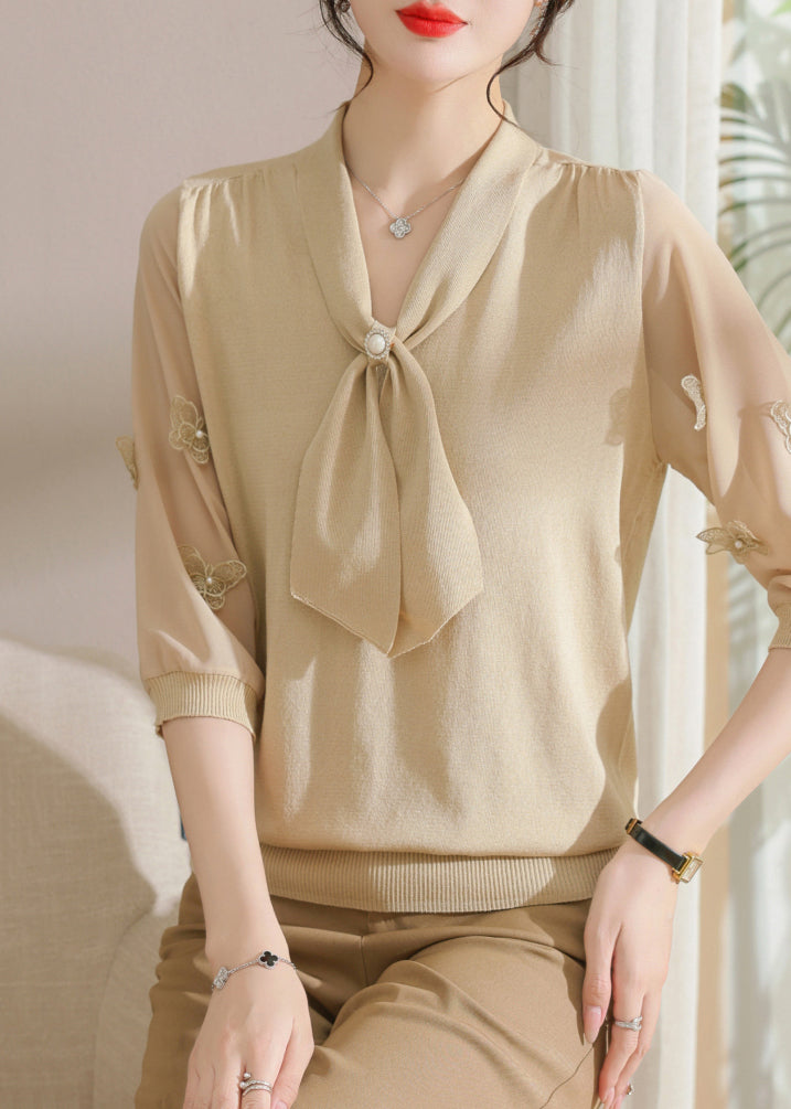 Apricot Nail Bead Cozy Patchwork Knit T Shirts V Neck