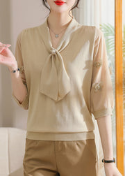 Apricot Nail Bead Cozy Patchwork Knit T Shirts V Neck