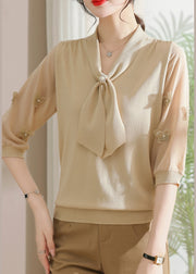 Apricot Nail Bead Cozy Patchwork Knit T Shirts V Neck