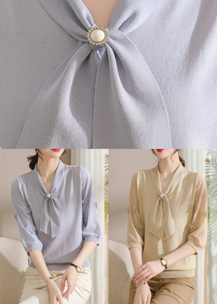 Apricot Nail Bead Cozy Patchwork Knit T Shirts V Neck