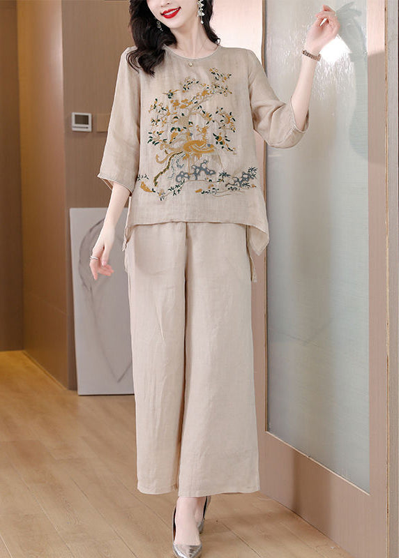 Apricot Oversized Linen Two Pieces Set Embroidered Spring
