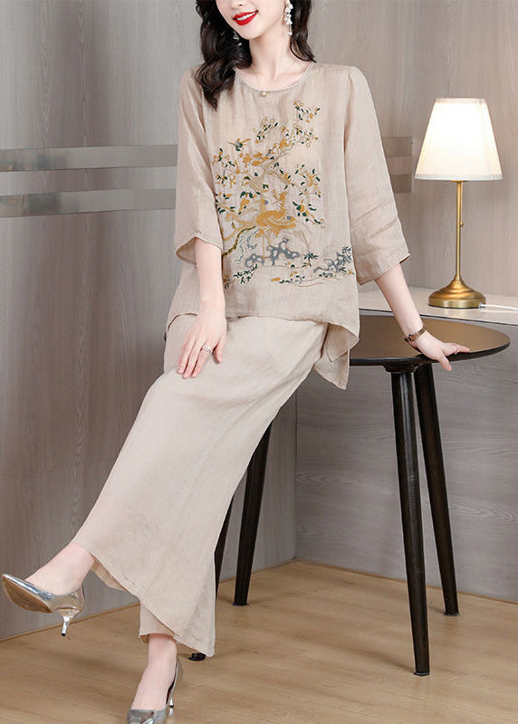 Apricot Oversized Linen Two Pieces Set Embroidered Spring