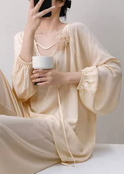 Apricot Oversized Solid Cotton Fall Pajamas Two Pieces Set V Neck
