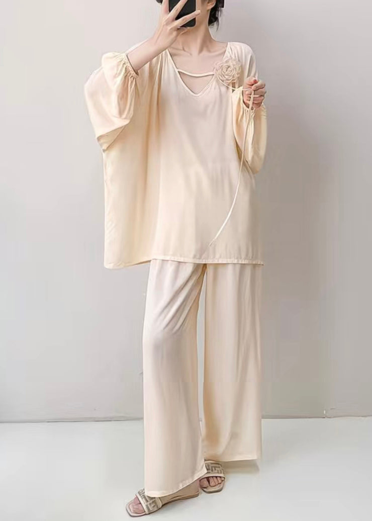 Apricot Oversized Solid Cotton Fall Pajamas Two Pieces Set V Neck